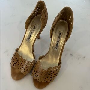 Manolo Blahnik Beige Laser Cut Suede Open Toe D’orsay Sandals